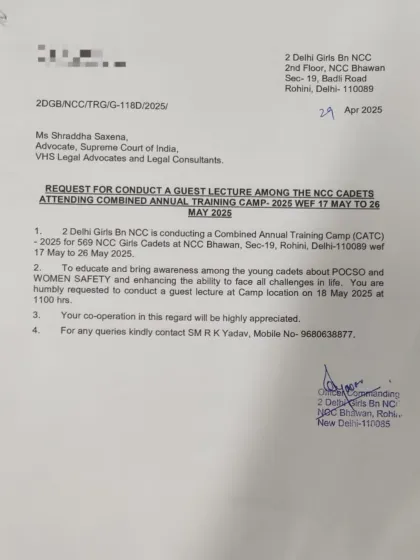 I am regularly invited to educate and train others on critical issues like the POSH Act and women's safety. Here is a request from the NCC to conduct a guest lecture for 500 young cadets, empowering the next generation to face life's challenges.