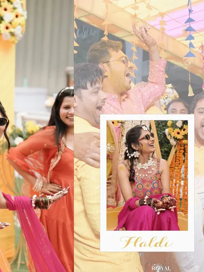 A fun and candid collage from a Haldi ceremony, with a polaroid-style frame highlighting the bride's happy expression.