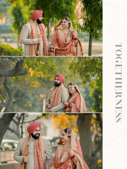 A collage of the couple's post-ceremony portraits, walking hand-in-hand through a sunlit park, their happiness radiating.