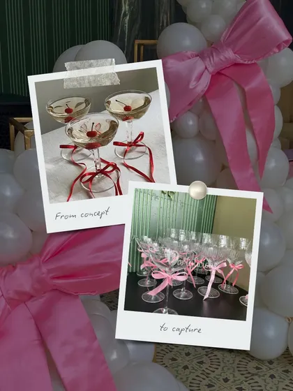 From concept to capture, every little detail matters. This image shows how an idea for champagne glasses with bows was brought to life, exactly as imagined.