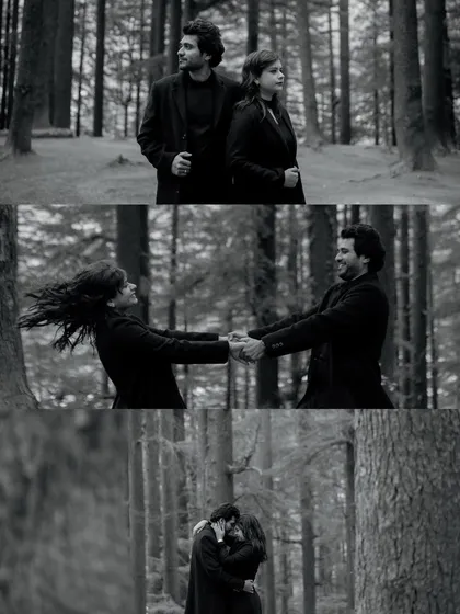 A triptych of black and white moments from the woods in Manali. The images capture a range of emotions, from a playful spin to a quiet kiss, telling a story within a single frame.