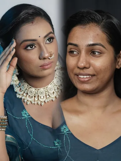 A before-and-after collage of the blue-themed party look.
