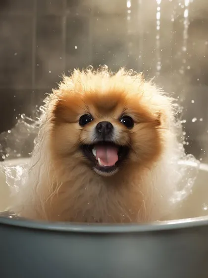 Look at that smile! This adorable Pomeranian is enjoying a warm, bubbly bath. We make sure every part of the dog grooming process is stress-free and fun.