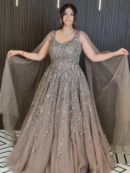A full-length view of my 'Barbie Bride' in her gorgeous grey engagement gown. She looks like she's ready for a fairytale.