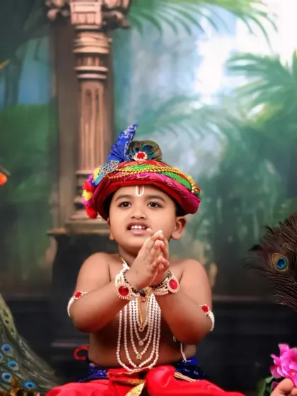 A candid moment of our toddler Krishna in a prayer-like pose, with a beautiful peacock visible in the background.