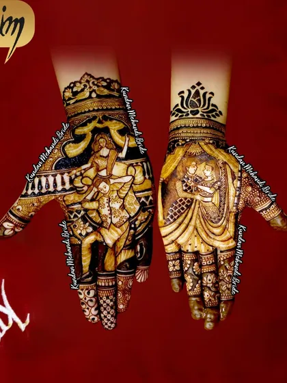A unique design featuring a dancing couple on the palms. The use of negative space and bold figures makes this a very striking and modern take on portrait mehndi.