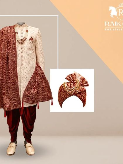 Another styling option for a groom's ensemble. This image shows an off-white sherwani paired with a deep red stole and matching turban, creating a classic and regal contrast.