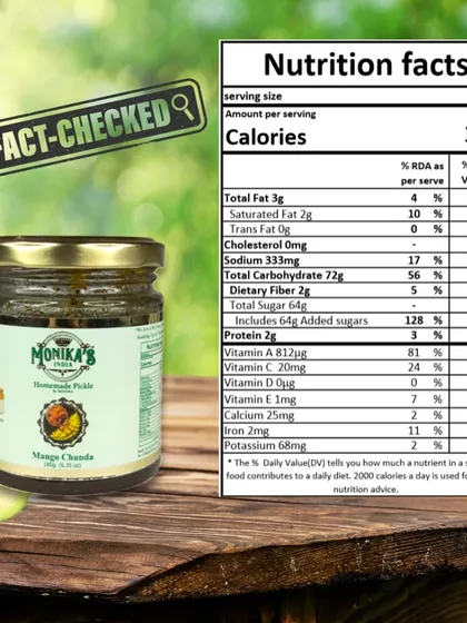Check the nutrition label for my Mango Chunda. It's a sweet treat you can enjoy, made with natural ingredients and full of the goodness of mangoes.