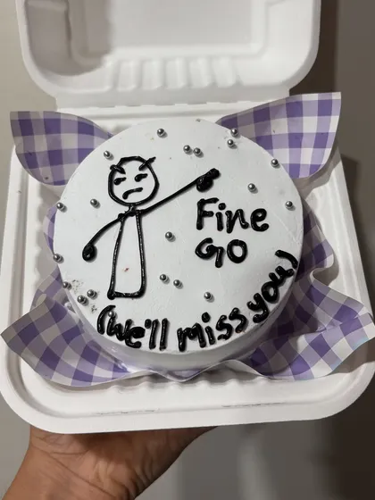 A funny farewell bento cake with the message "Fine go (we'll miss you!)". These cakes are great for inside jokes and personal messages.