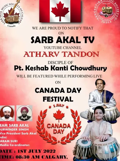 I am incredibly proud to see my disciples achieve recognition on international platforms. This is an announcement for my student, Master Atharv Tandon, who was featured in a live performance for the Canada Day Festival, representing the Delhi Gharana tradition.