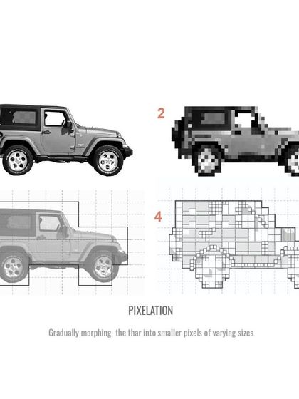 The "pixelation" process for our conceptual Mahindra Resort design. This diagram shows how the form of a Mahindra Thar jeep is gradually morphed into smaller pixels of varying sizes to generate the building's massing.