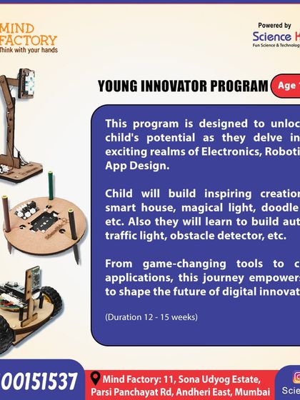 The "Young Innovator Program" for ages 11-13 is where creativity meets technology. Students build inspiring creations like a smart house, doodle robot, and obstacle detector while learning coding and app design.