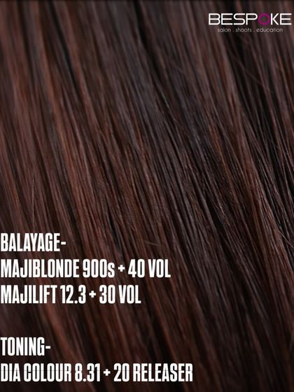 The L'Oréal Professionnel formula for our cinnamon balayage. We use a combination of Majiblonde, Majilift, and Dia Colour to achieve this multi-tonal result.