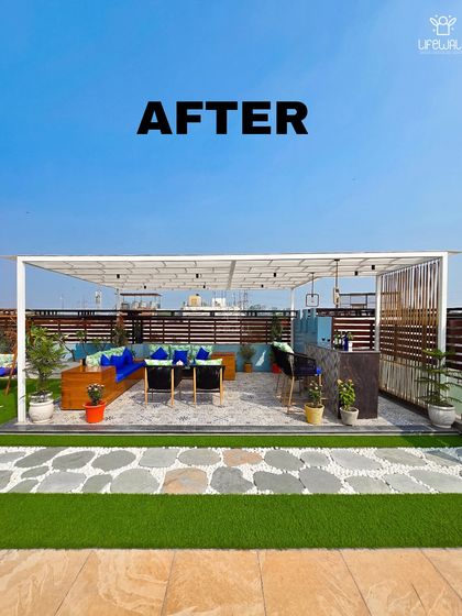 The final look of this vibrant terrace makeover. The white pergola, bright blue cushions, and stone pathway create a cheerful and energetic space for socializing.
