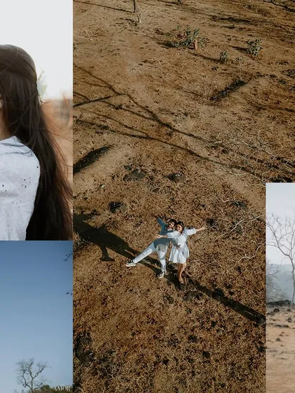 A collage from a hilltop shoot, including an aerial shot of the couple lying on the ground. This collection showcases the creative angles and grand scale of a nature-based pre-wedding session.
