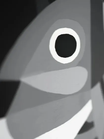 A close-up detail of a fish from the 'Aab' series, rendered in shades of grey.