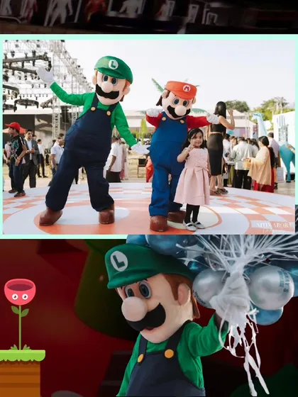 A collage showing guests interacting with Mario and Luigi, showcasing the fun and interactive nature of having live characters at a party.