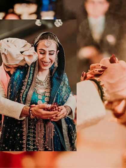 A collage showing the couple participating in a wedding ritual, their faces full of joy and emotion.