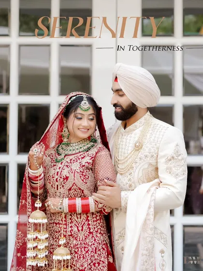 Serenity in togetherness. This image from a classic Punjabi wedding captures the regal elegance and quiet connection between the couple. The intricate details of the bridal lehenga and the groom's sherwani are a testament to the grandeur of the day.