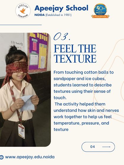 Feel the texture. From cotton balls to sandpaper, students learned to describe textures using their sense of touch, understanding how skin helps us feel.