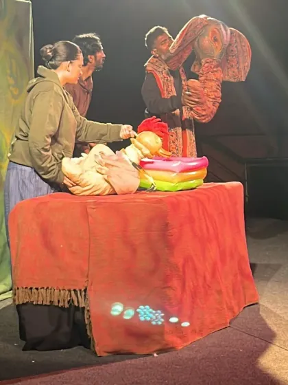 Our puppeteers work as a team to create a living, breathing world on stage. Here, they manipulate puppets of different scales during a performance of 'Be Yourself', a show about acceptance and inner beauty.