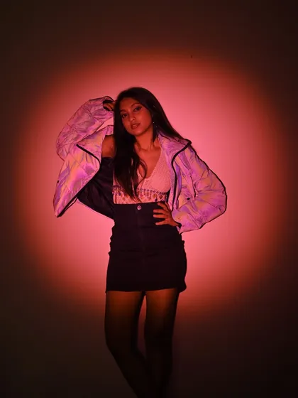 Another look from the pink spotlight series. The off-the-shoulder jacket adds to the cool, effortless style.