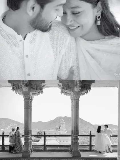 A collage capturing the serene love between Riddhi and Swapnil. The top frame is an intimate close-up, while the bottom shows them in the grand arches of a palace, telling a story of both closeness and scale.