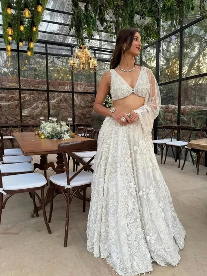 I styled Tripti Dimri in this breathtaking all-white embroidered lehenga by Seema Gujral. The delicate craftsmanship and modern bralette-style blouse make it a perfect example of contemporary Indian couture.
