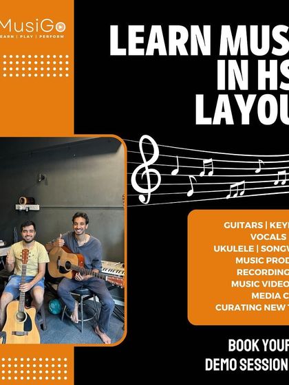 A comprehensive ad listing the wide range of services we offer in HSR Layout, from instrument lessons to music production and recording.