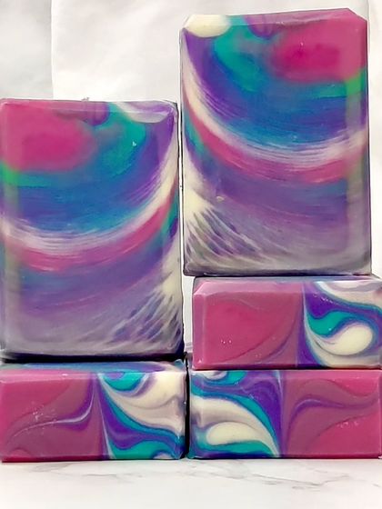 One of three wall pour techniques I tried for a soap challenge, this one creating a beautiful feathered effect.