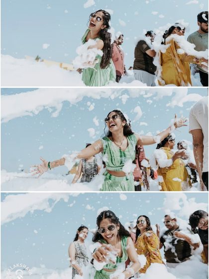 A collage capturing the fun and excitement of the bride and her friends at a foam party.