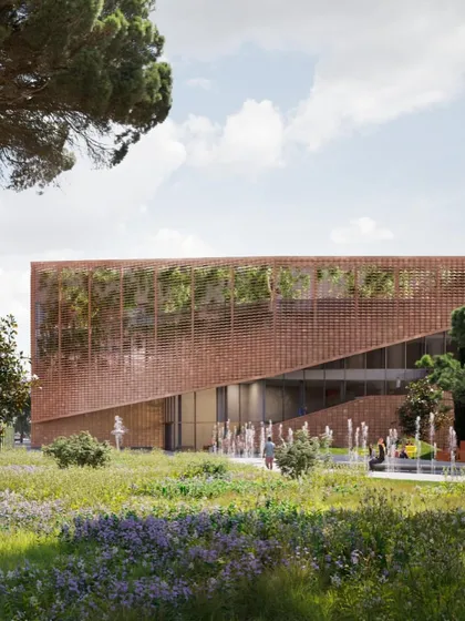 The landscape design for the MAXXI project creates a new green heart for the neighborhood, with public fountains and gardens.