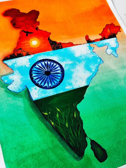 A different angle of my India map painting, showing the texture of the watercolor paper and the depth of the colors. The tricolor theme flows through different scenes, representing the unity and diversity of India.