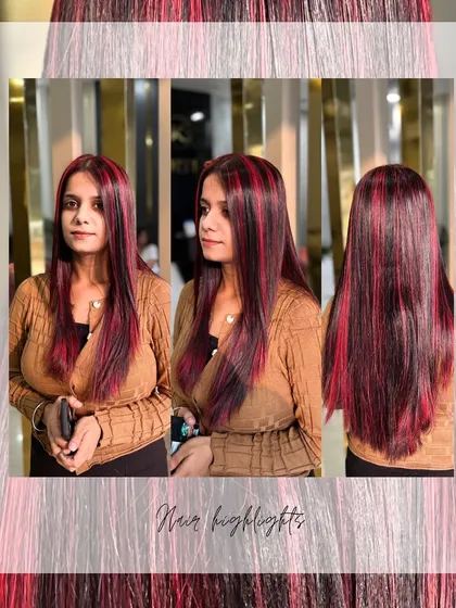 A collage showing a client with sleek, straight hair featuring bold red highlights. This is a great look for someone who wants a pop of color.