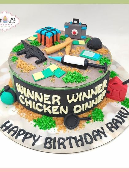 Winner Winner Chicken Dinner! An epic PUBG-themed cake for a true gamer, complete with a supply drop, frying pan, and other in-game items.