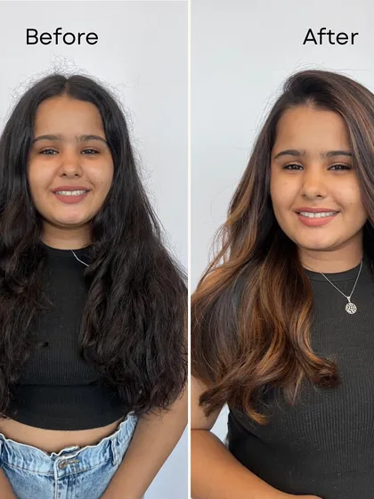 This is the power of a great hair color transformation. Here you can see a before and after of our Matryoshka balayage technique, which adds depth, dimension, and a healthy shine. Our students learn how to achieve these results for their own clients.