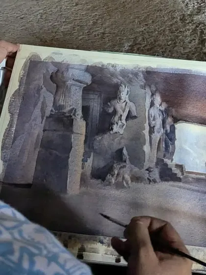 A close-up of my brushwork during a watercolour demonstration at the historic Elephanta Caves near Mumbai. My goal was to capture the stone sculptures in their natural, cavernous setting.