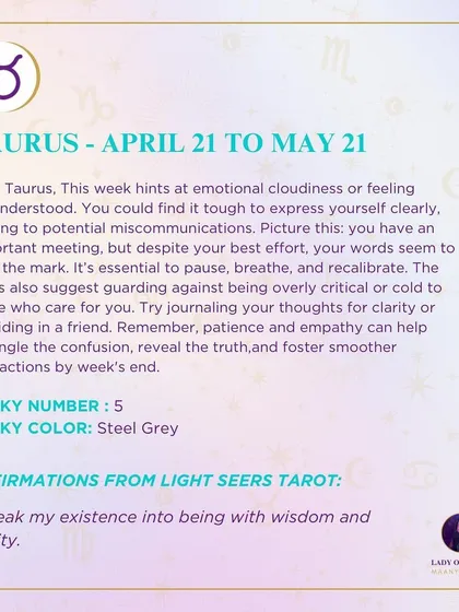 This week's tarot reading for Taurus. The reading hints at emotional cloudiness or feeling misunderstood. It's essential to pause, breathe, and recalibrate.