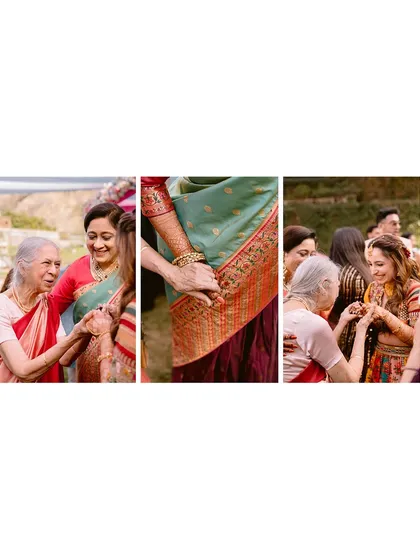 A touching triptych showing the bride sharing moments with the elder women in her family during the Mehendi ceremony.