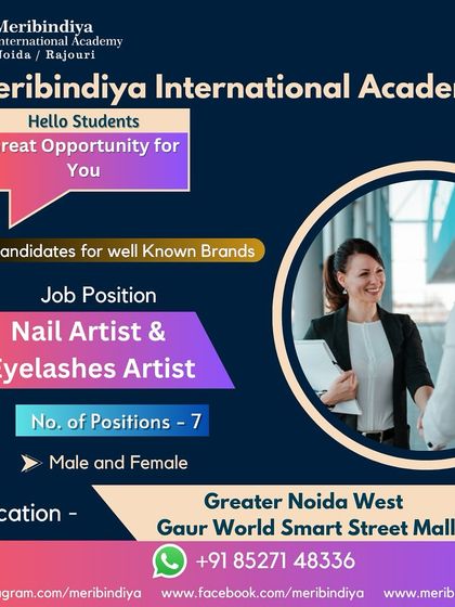 We help you find jobs that match your skills. This opening for Nail and Eyelash Artists in Greater Noida West is a great opportunity for students trained in multiple disciplines.