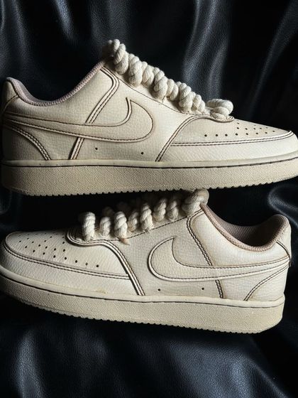 A top-down view of the coffee rope lace custom sneakers.