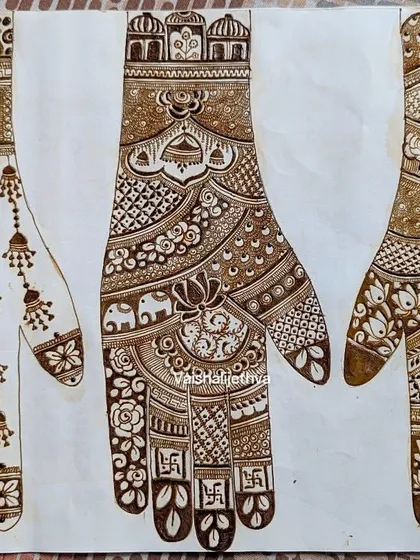 Three distinct Indian mehndi designs, showing variations from a simple jhumka pattern to a heavy bridal layout with elephants and lotuses.