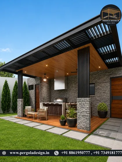 A freestanding backyard structure with a full outdoor kitchen and bar. The pergola features a solid roof and stone-clad pillars, creating a rustic yet modern entertainment hub.