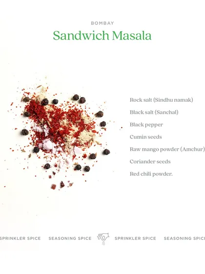 Here are the key ingredients that create the magic in my Bombay Sandwich Masala. A balanced mix of rock salt, black salt, black pepper, amchur, coriander, and red chilli powder for that authentic taste.