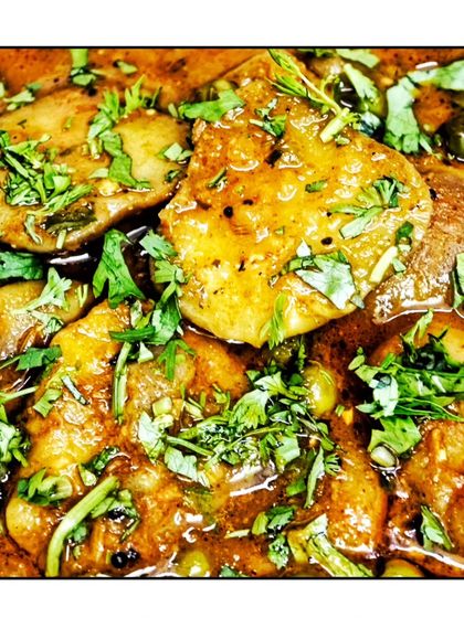 The final Water Chestnut (Singada) sabji, cooked in a flavourful gravy and garnished with fresh coriander. It's a nutritious vegetable that I love to include in my menu.