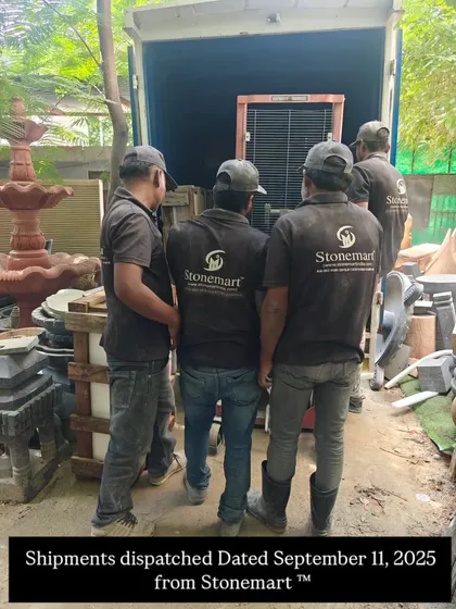 Our team loading dispatched shipments. We are proud to send our stone masterpieces to clients across the country and the globe.