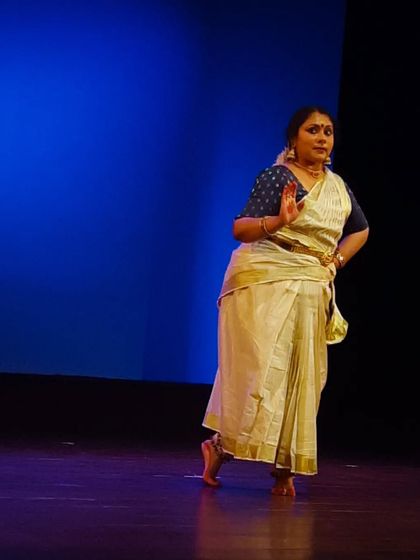A full-body pose from our "Tradition and Transition" piece, highlighting the classic Mohiniyattam stance.