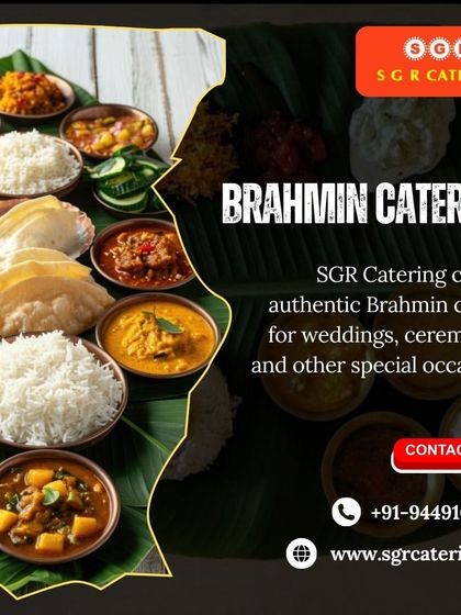 We create authentic Brahmin cuisine for weddings, ceremonies, and other special occasions. This image of a traditional meal served on a banana leaf highlights our expertise in South Indian culinary traditions.