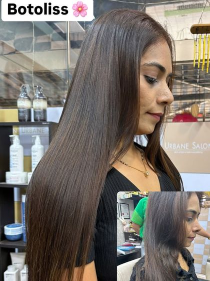 This collage shows the before and after of a Botoliss treatment. It's a clear demonstration of how we transform frizzy hair into a sleek, polished style.