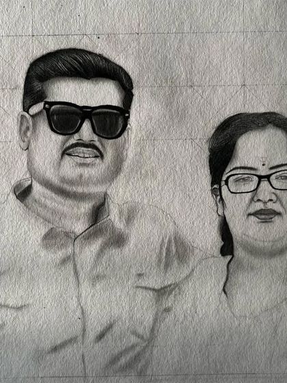 A work-in-progress shot of a realistic pencil portrait of a couple. This shows the underlying grid and initial layers of shading.